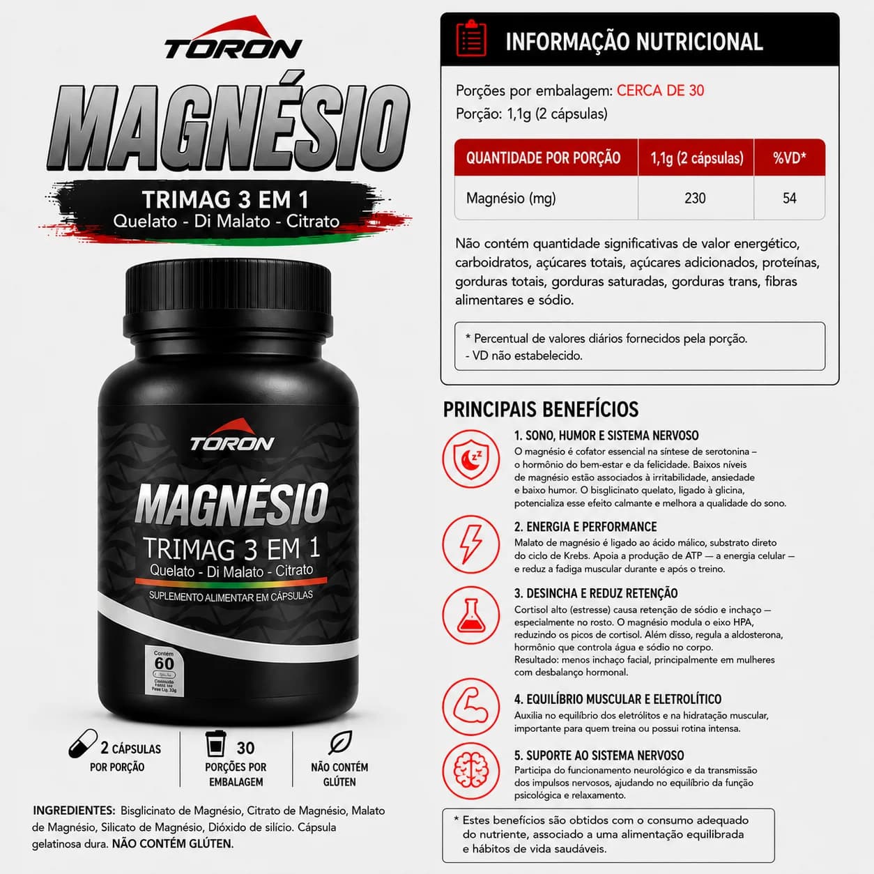 Magnésio 3 em 1 Toron 60 Cápsulas — Verso